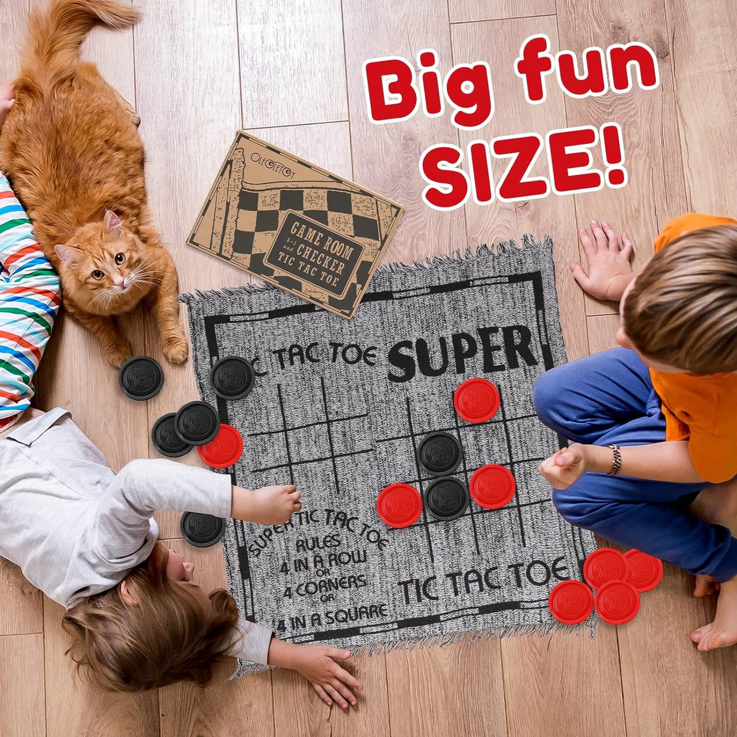 Super Tic Tac Toe and Giant Checkers Set Board Game with 24 Checker Pieces Reversible Rug, Classic Indoor and Outdoor Activity for Kids and Adults, Best for Camping, Backyard, or Lawn Game