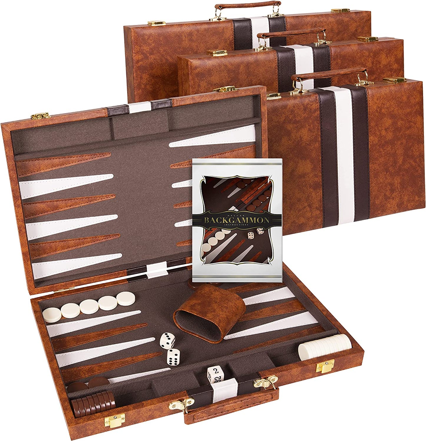 Backgammon Set 15 Inch, Medium - Classic Board Game for Adults and Kids with Premium Leather Case - Includes Strategy & Tip Guide (Brown)