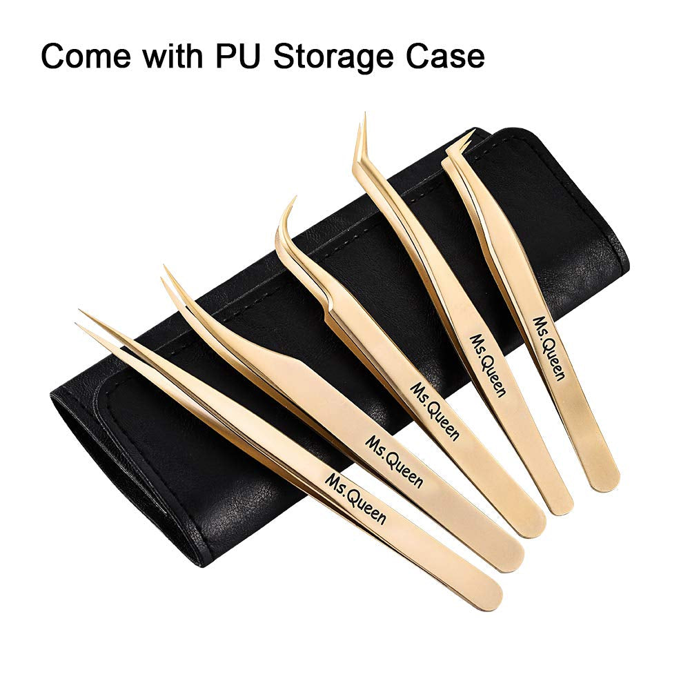 Eyelash Extension Tweezers Set-Precision Tweezers for 2D-6D Volume&Individual False Lashes Extensions with PU Storage Case-Golden (5Pcs Tweezers Set/M003)