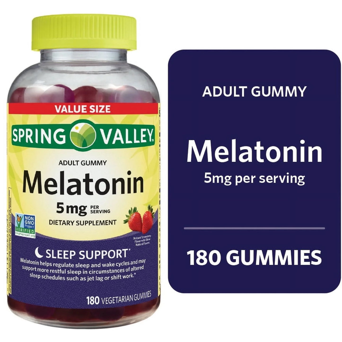 Non GMO Melatonin Dietary Supplement Gummies, Strawberry, 5 Mg, 180 Count