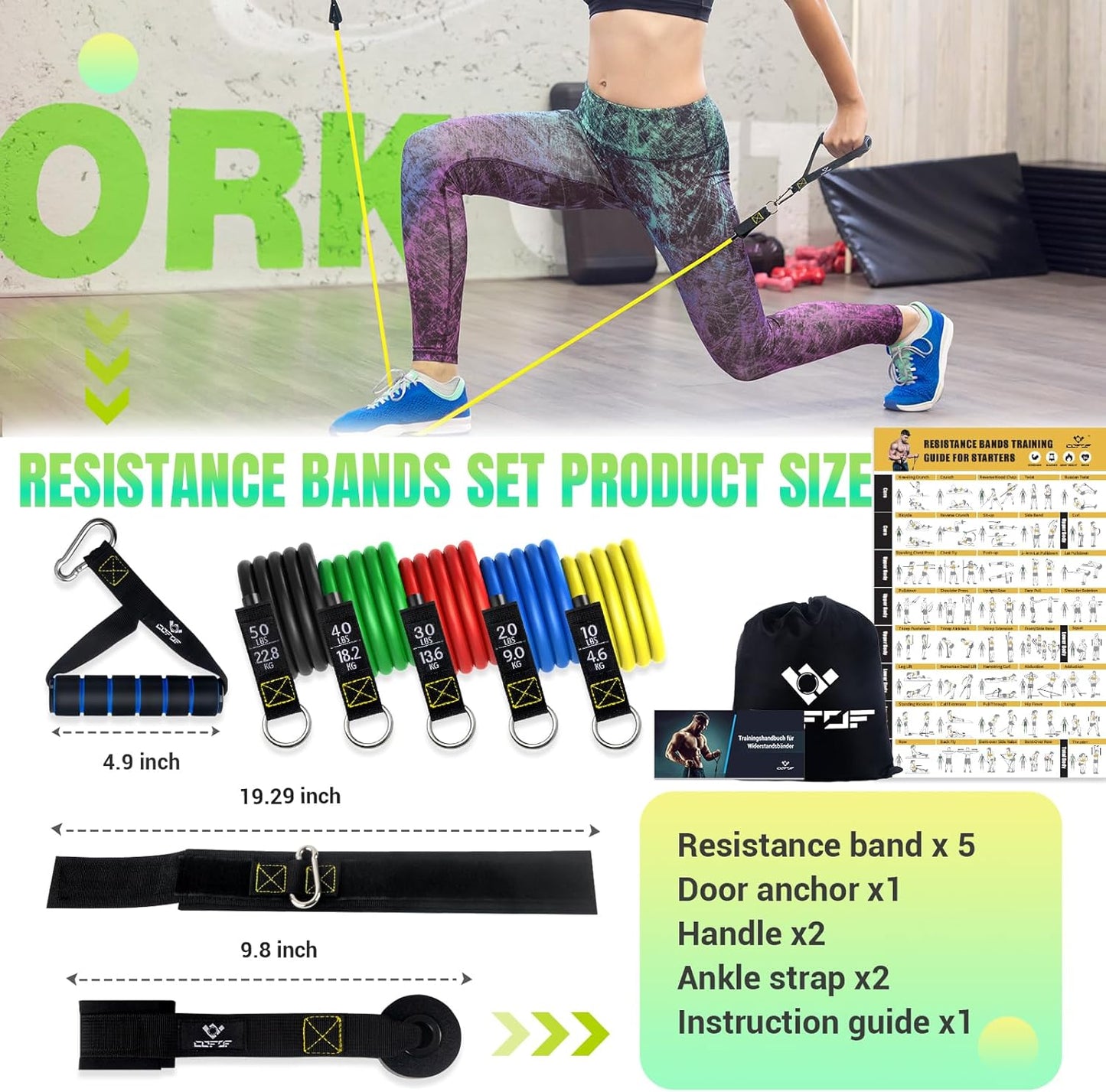 Resistance Bands Set with Yellow Handles, Exercise/Workout/Fitness Bands with Door Anchor, Legs Ankle Straps for Resistance Training，Physical Therapy，Home Gym Workout