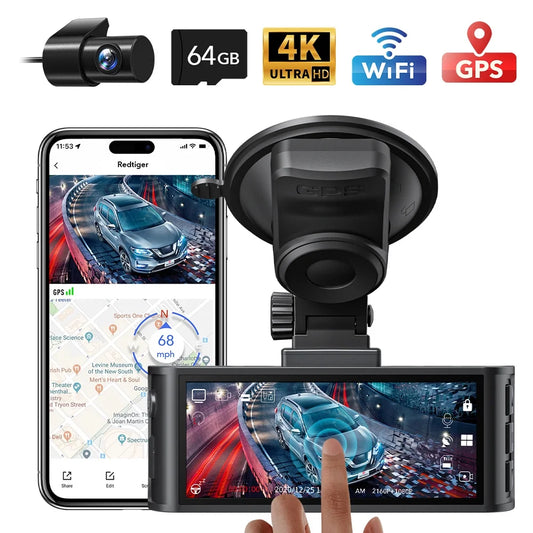 Dash Cam Front and Rear, Touch Screen Dash Camera with Wifi GPS, 4K Dashcam with Super Night Vision, WDR, 24H Parking Mode, Vehicle, Free 64GB Card