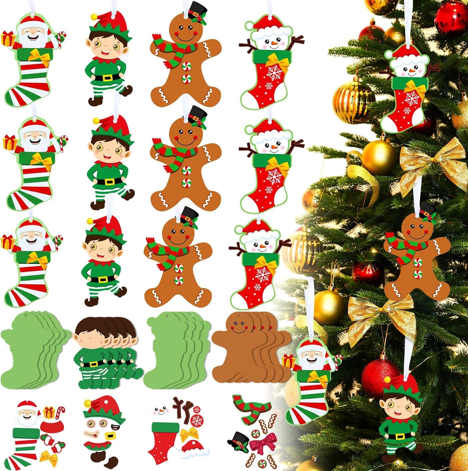 36 Set Christmas Craft Kit for Kids Christmas Tree Ornaments DIY Snowman Santa Gingerbread Elves Christmas Crafts Hanging Ornament with Hanging Rope for Home Fun Activities,4 Styles