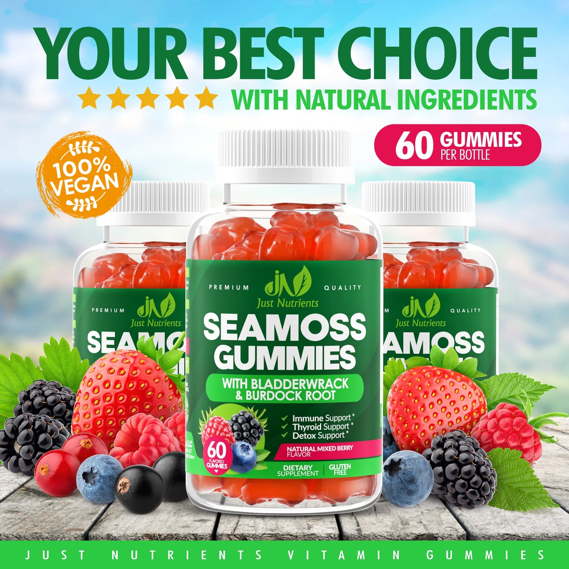 Sea Moss 3,000MG Gummies with Bladderwrack and Burdock Root - Gluten-Free, Vegan - 60 Gummies