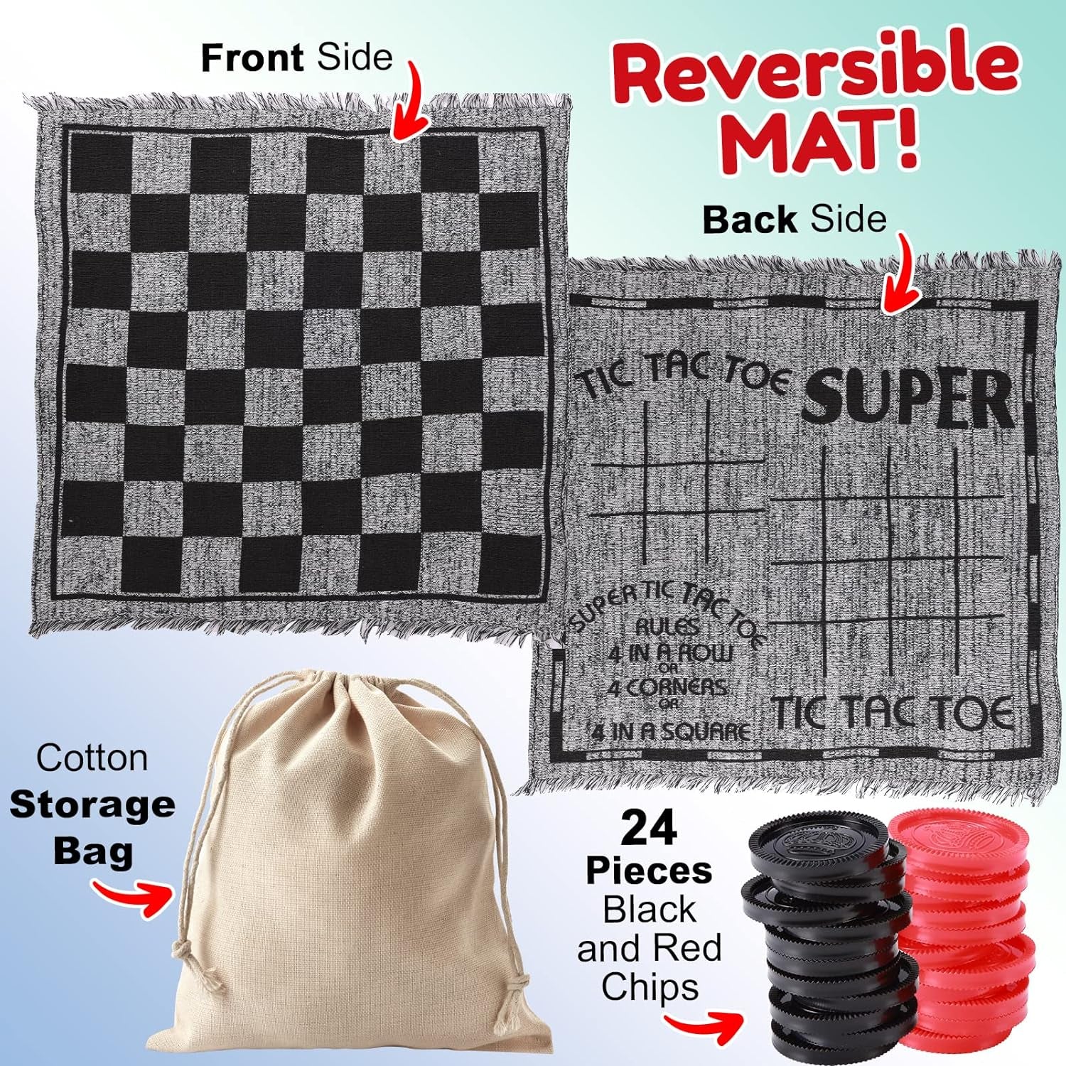 Super Tic Tac Toe and Giant Checkers Set Board Game with 24 Checker Pieces Reversible Rug, Classic Indoor and Outdoor Activity for Kids and Adults, Best for Camping, Backyard, or Lawn Game