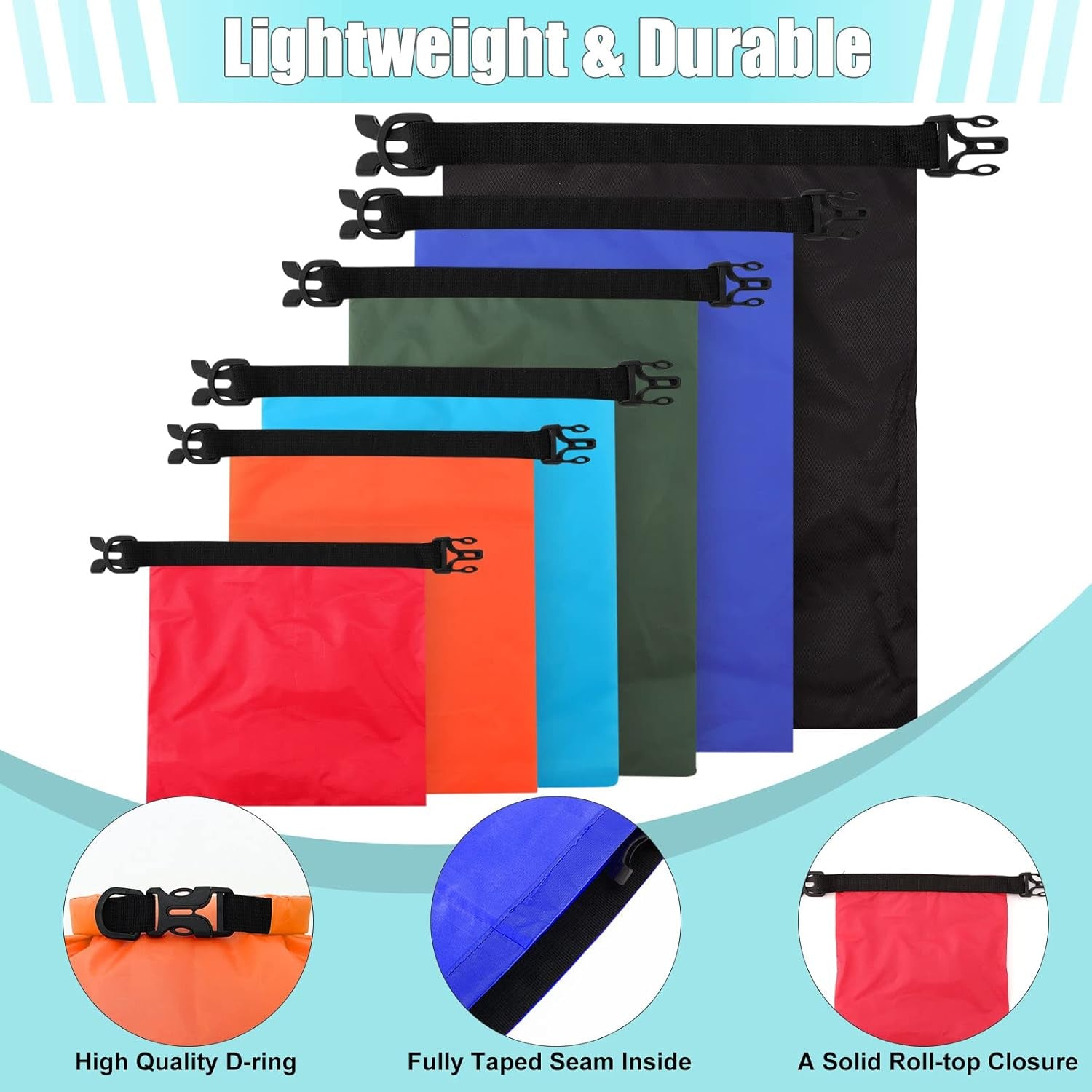 6 Pack Waterproof Dry Bags,Ultimate Dry Sack,Lightweight Outdoor Dry Sacks,Multicolour Dry Bag for Kayaking Hiking Rafting Boating Camping Swimming Travel(1.5L, 2.5L, 3L, 3.5L, 5L, 8L)