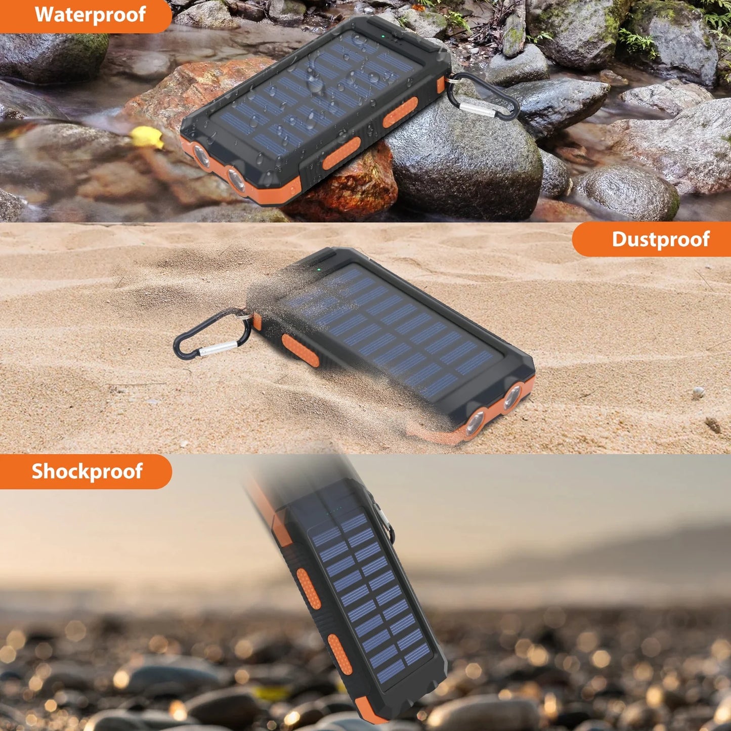 Baokaler Solar Power Bank, Portable Charger, 20000Mah Solar Charger with LED Flashlight, IP65 Waterproof External Backup Battery Pack Perfect for Camping, Outdoor Activities