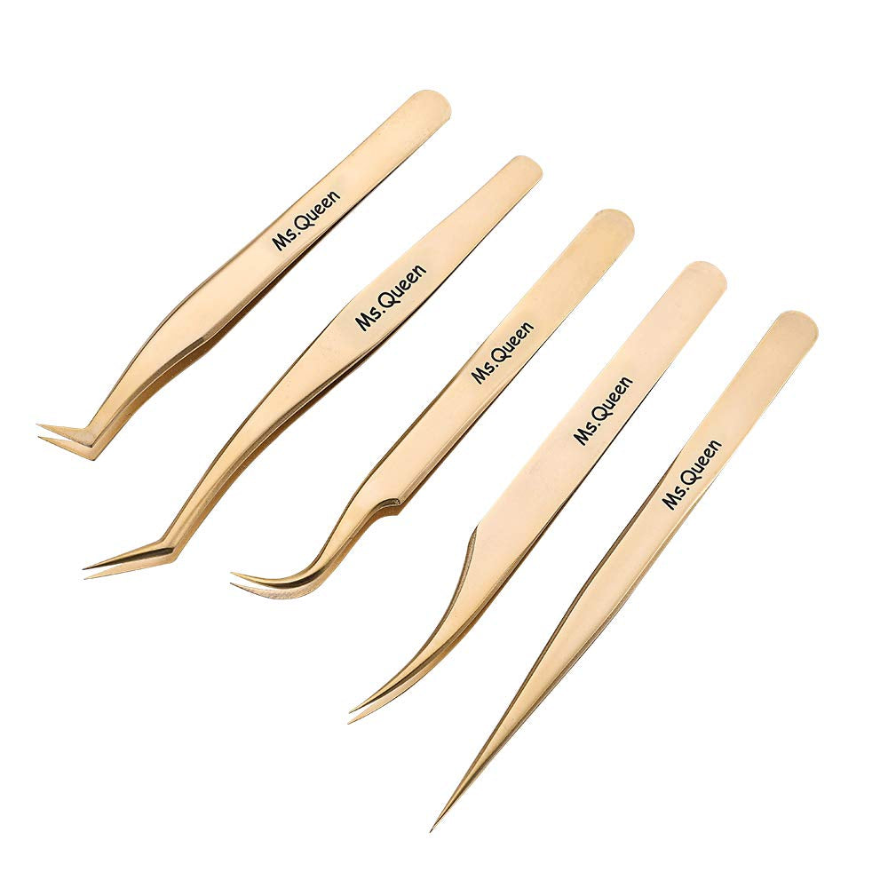 Eyelash Extension Tweezers Set-Precision Tweezers for 2D-6D Volume&Individual False Lashes Extensions with PU Storage Case-Golden (5Pcs Tweezers Set/M003)