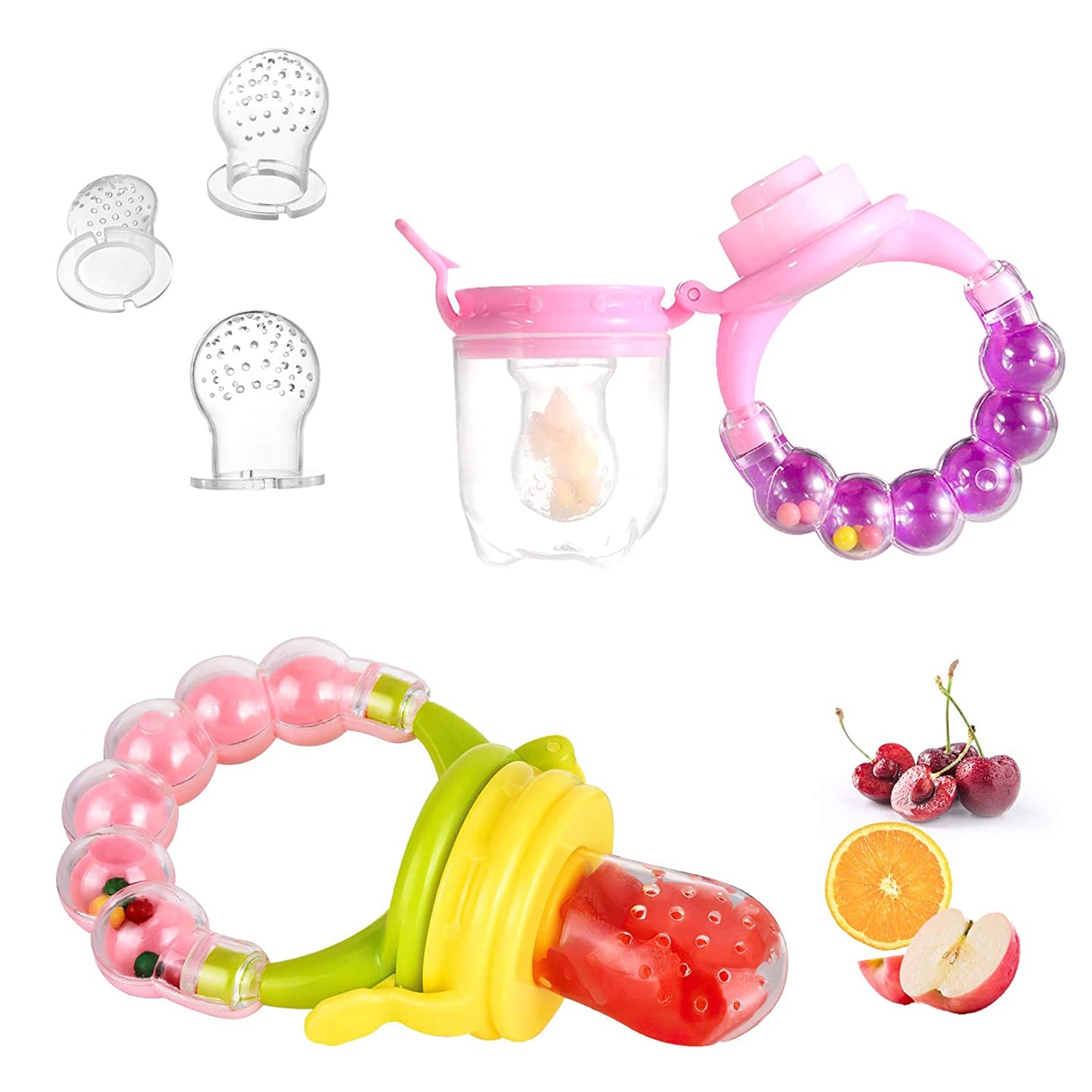 Baby Teething Toys & Baby Food Feeders Set - 3Pcs BPA Free Teethers Toys for Babies 3-6 Months 6-12 Months Freezer Teether Toys, 1Pcs Fruit Feeder Pacifier 3 Sizes Silicone Sacs Baby Gifts