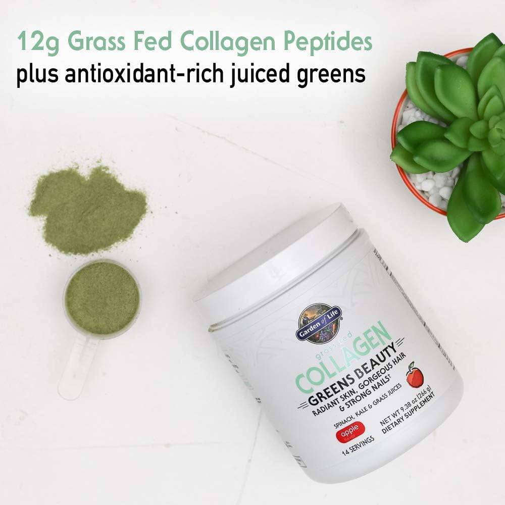 Grass Fed Collagen Greens Beauty Powder - Apple, 14 Servings, Collagen Powder for Women Skin Hair Nails Joints, Collagen Peptides Powder, Collagen Protein + Greens, Collagen Supplement