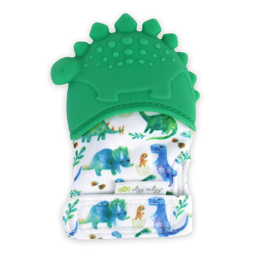 Silicone Teething Mitt - Soothing Infant Teething Mitten W/Adjustable Strap, Crinkle Sound, Textured Silicone, Soothes Sore & Swollen Gums, Baby Teething Toy for 3 Mos & Up, Green Dinosaur