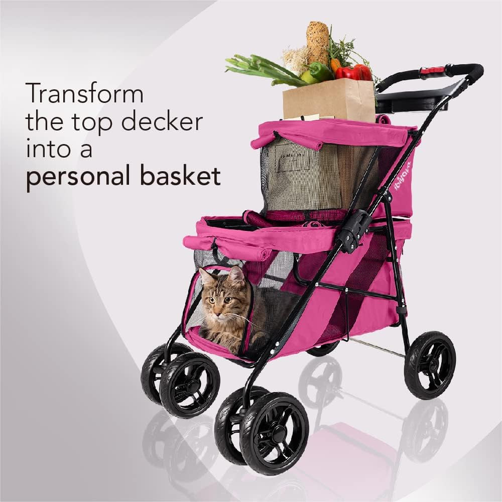 - Double Dog Stroller for Small Dogs and Medium Dogs and Cats - Double Pet Stroller, Lightweight and Foldable with Mesh Windows, Extra Space for Second Pet or Storage - Pink