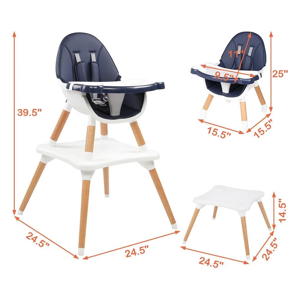 5-In-1 Baby High Chair Infant Wooden Convertible Chair W/5-Point Seat Belt, Blue