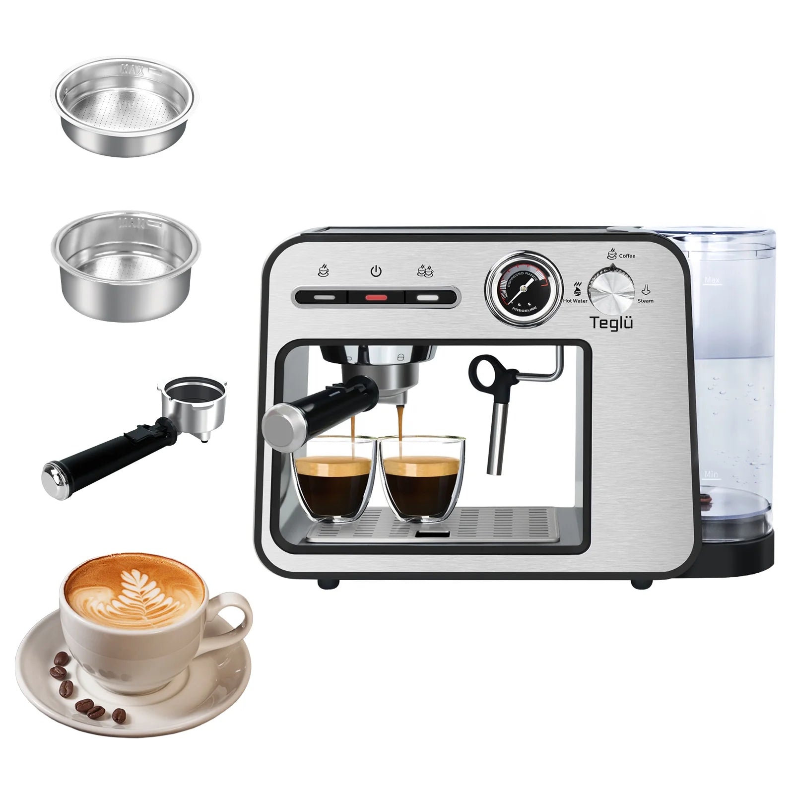 Espresso Machine 20 Bar with Milk Frother, Semi-Automatic Latte & Cappuccino Coffee Maker Duo-Cup 33Oz/1L Removable Water Tank for Home/Office, 1450W, Stainless Steel