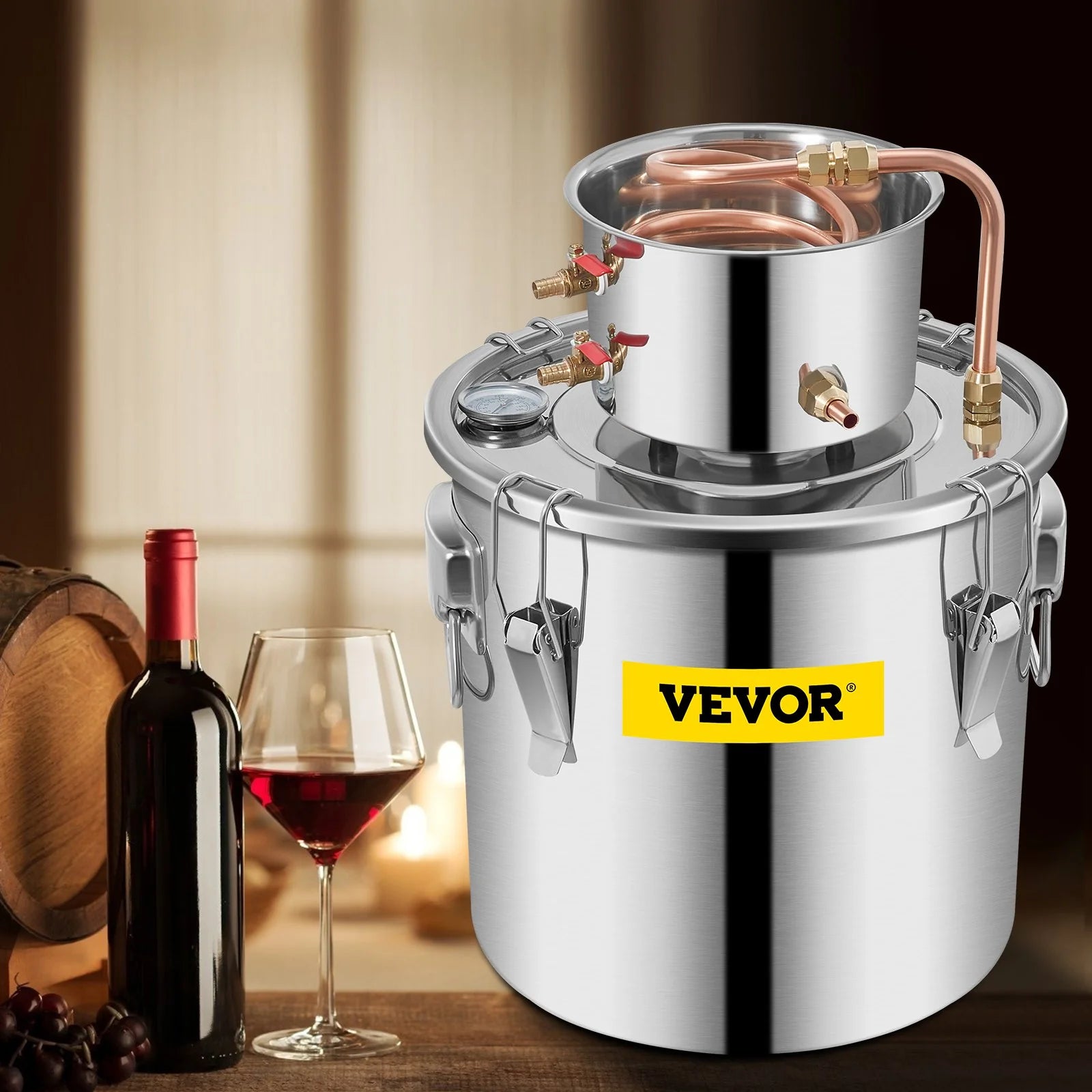 VEVOR Alcohol Still 8Gal 30L Stainless Steel Water Alcohol Distiller Copper Tube Home Brewing Kit Build-In Thermometer for DIY Whisky Wine Brandy