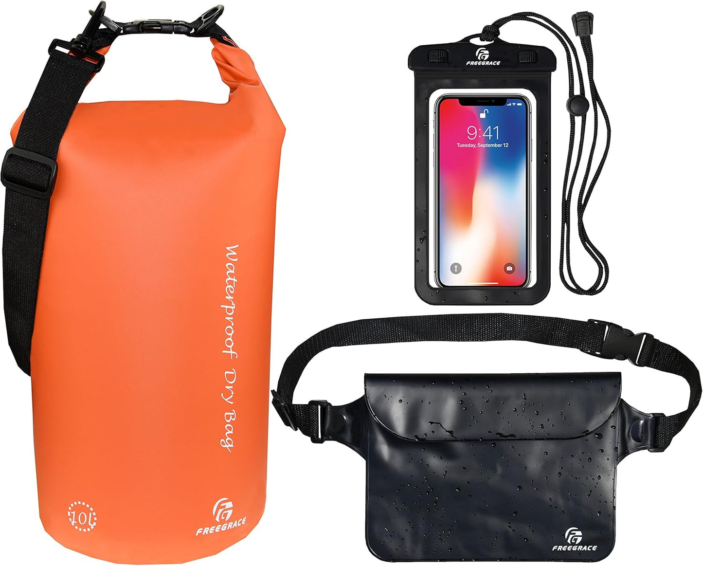 Waterproof Dry Bags Set of 3 Dry Bag with 2 Zip Lock Seals & Detachable Shoulder Strap, Waist Pouch & Phone Case - Can Be Submerged into Water - for Swimming (Orange, 5L)