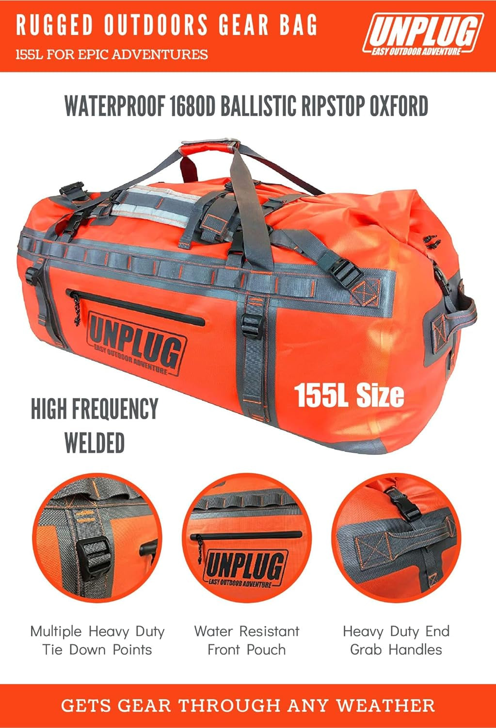 UNPLUG Ultimate Adventure Bag -1680D Heavy Duty Waterproof Travel Duffel Bags for Camping, Motorcycle Dry Bag, Waterproof Bags for Boating, Waterproof Duffle Backpack,Tactical Duffle Bag