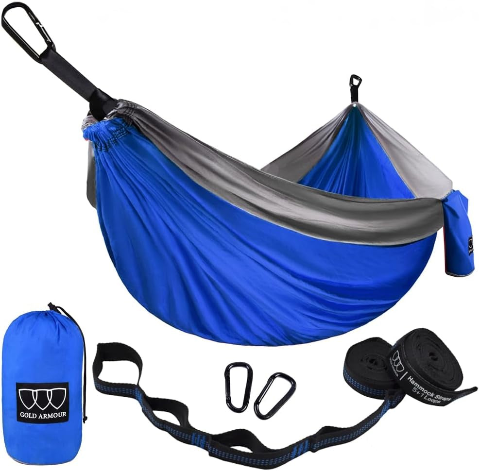 Camping Hammock - Portable Hammock Single Hammock Camping Accessories Gear for Outdoor Indoor Adult Kids, USA Based Brand (Blue & Grey)