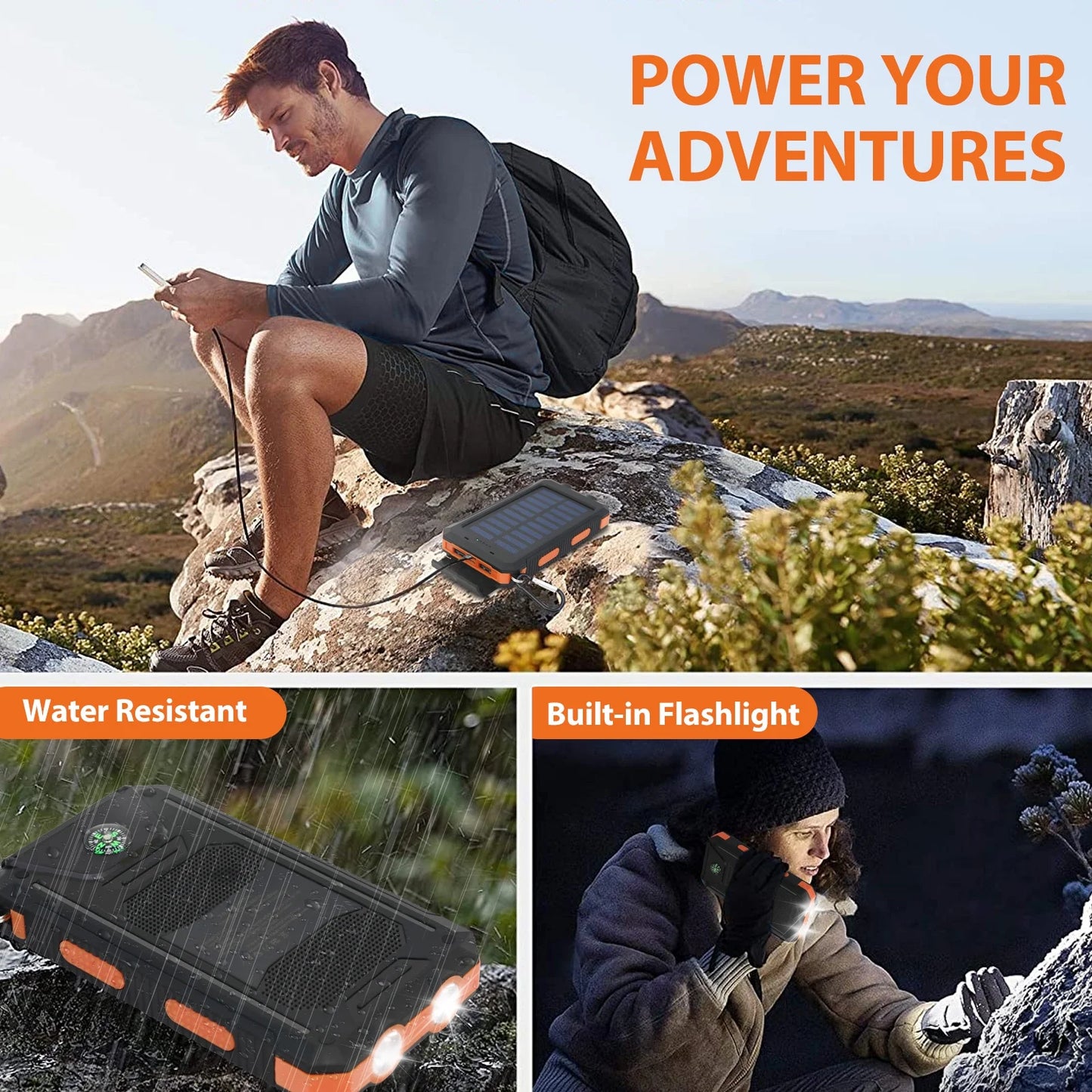 Baokaler Solar Power Bank, Portable Charger, 20000Mah Solar Charger with LED Flashlight, IP65 Waterproof External Backup Battery Pack Perfect for Camping, Outdoor Activities