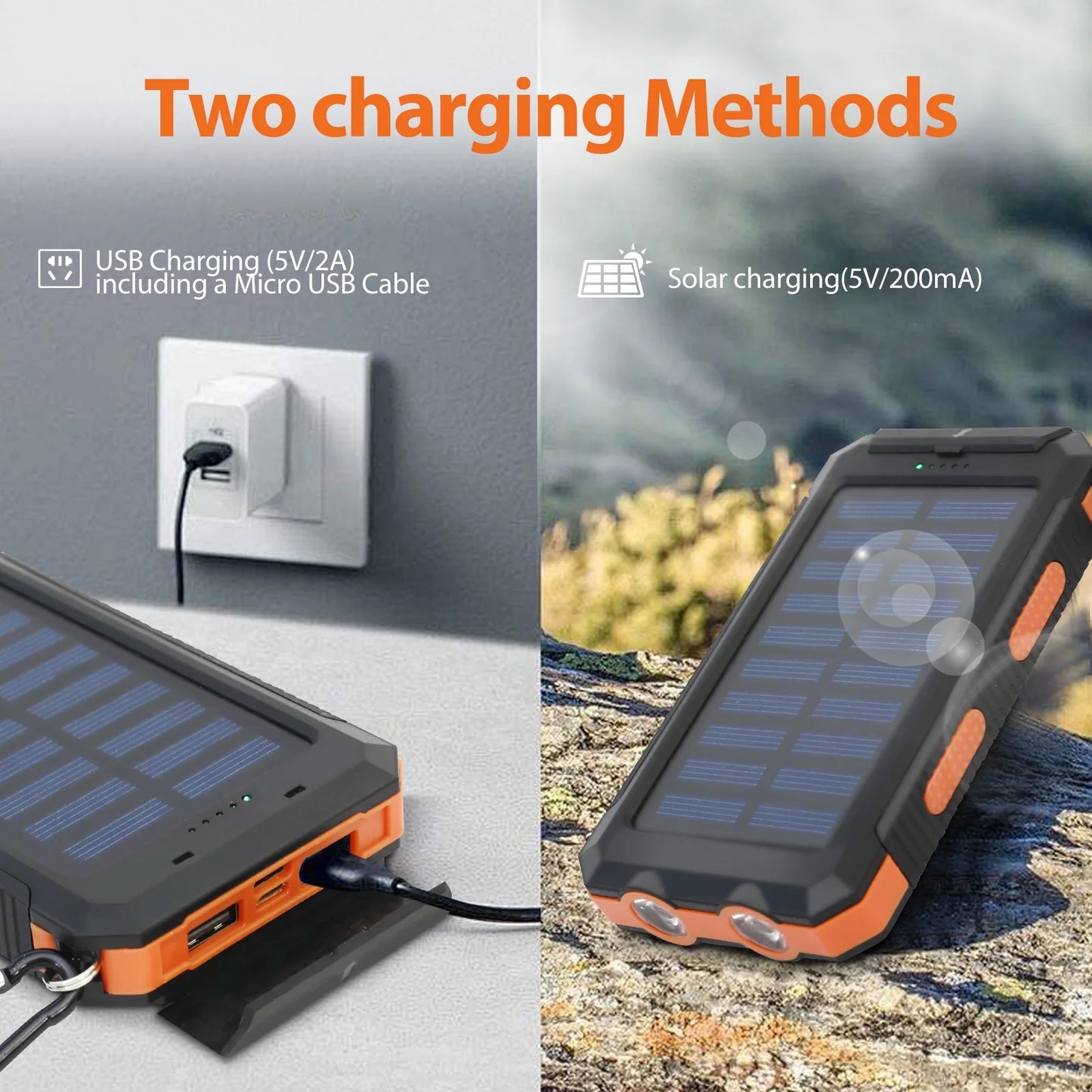 Baokaler Solar Power Bank, Portable Charger, 20000Mah Solar Charger with LED Flashlight, IP65 Waterproof External Backup Battery Pack Perfect for Camping, Outdoor Activities