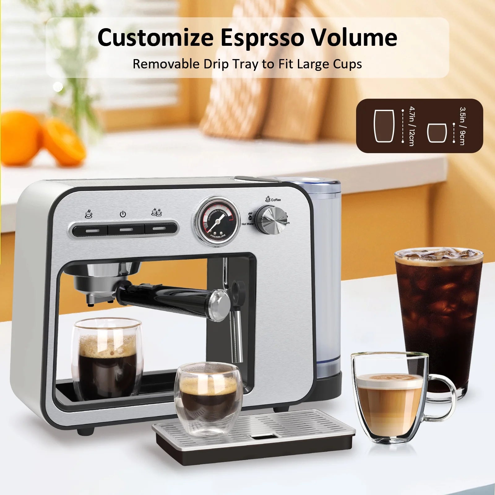 Espresso Machine 20 Bar with Milk Frother, Semi-Automatic Latte & Cappuccino Coffee Maker Duo-Cup 33Oz/1L Removable Water Tank for Home/Office, 1450W, Stainless Steel