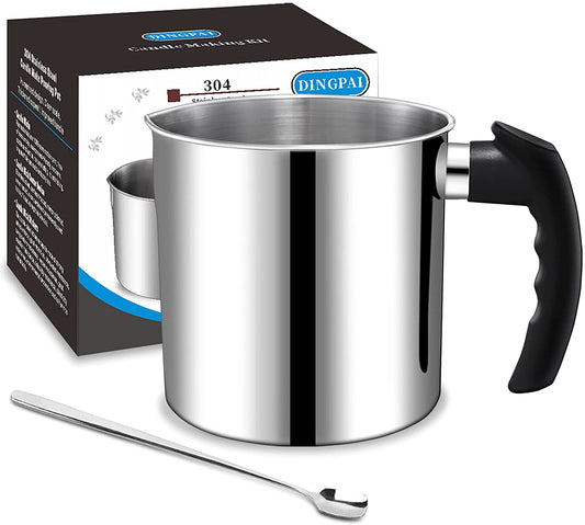 Candle Making Pouring Pot,  44Oz Double Boiler Wax Melting Pot, 1Pc Spoon, 304 Stainless Steel Candle Making Pitcher, Silver Color with Heat-Resistant Handle and Dripless Pouring Spout Design