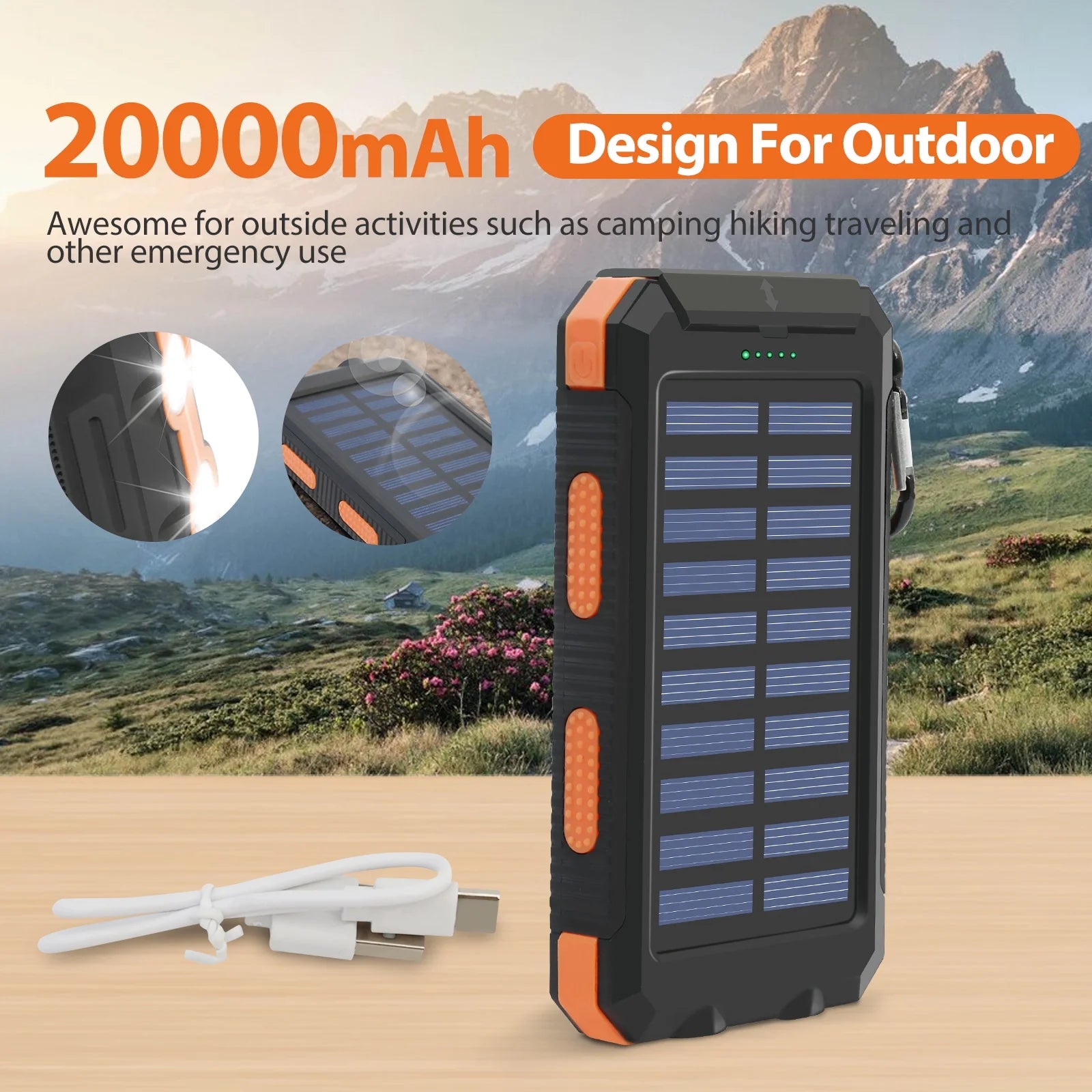 Baokaler Solar Power Bank, Portable Charger, 20000Mah Solar Charger with LED Flashlight, IP65 Waterproof External Backup Battery Pack Perfect for Camping, Outdoor Activities