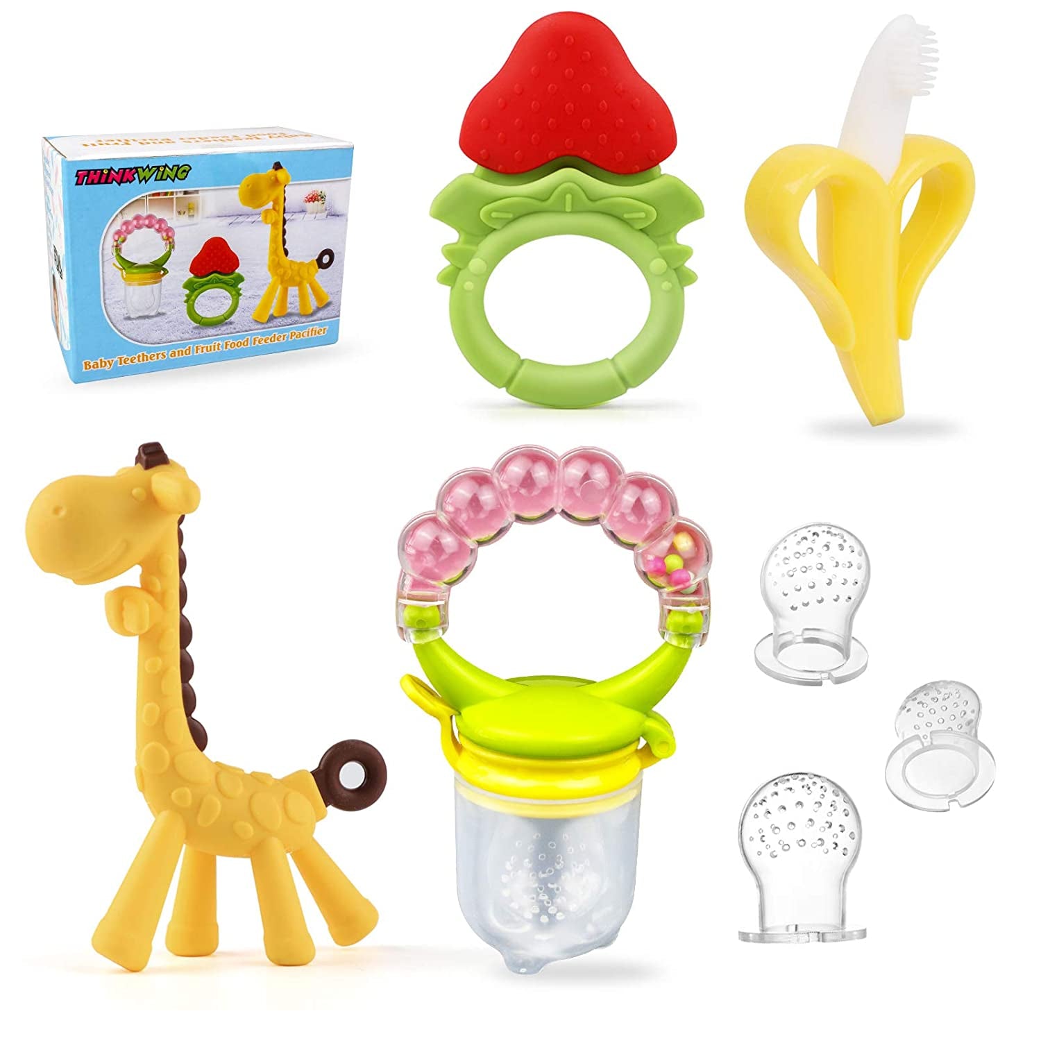 Baby Teething Toys & Baby Food Feeders Set - 3Pcs BPA Free Teethers Toys for Babies 3-6 Months 6-12 Months Freezer Teether Toys, 1Pcs Fruit Feeder Pacifier 3 Sizes Silicone Sacs Baby Gifts