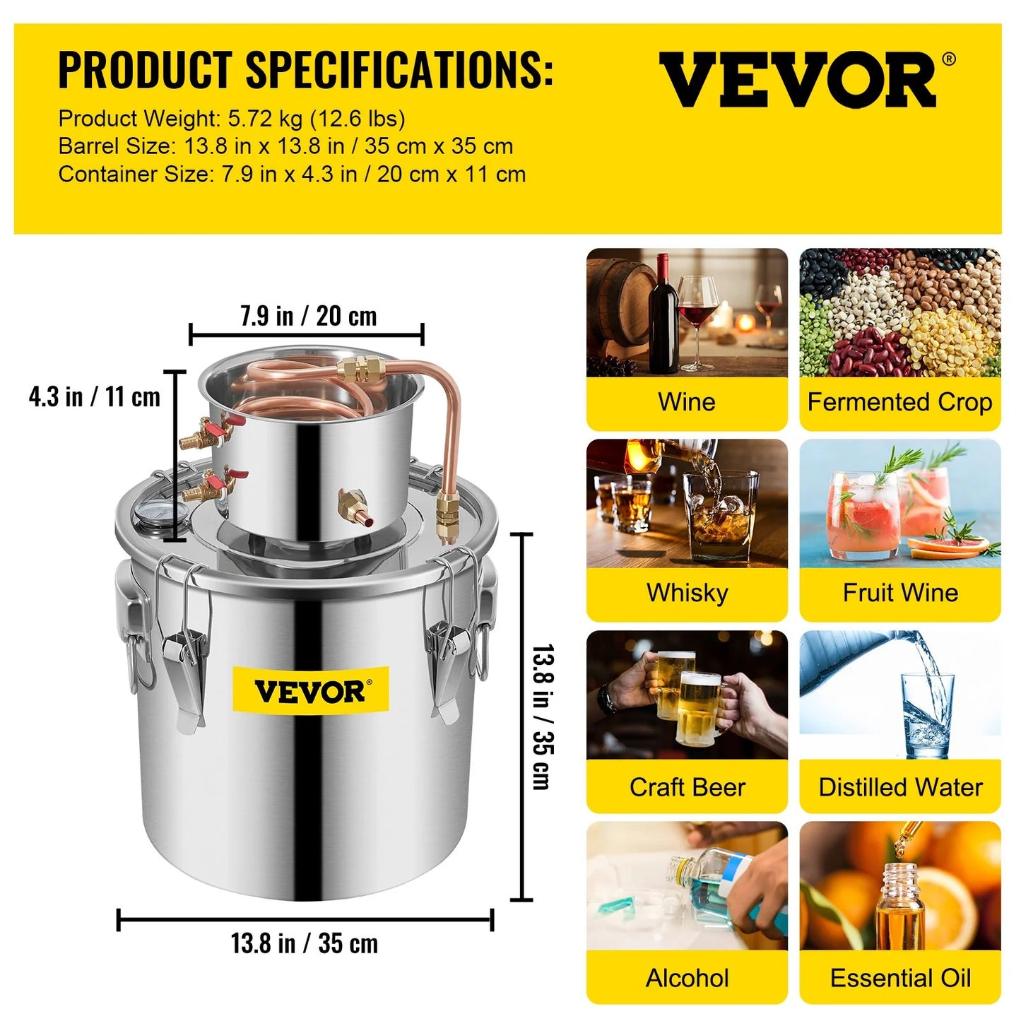 VEVOR Alcohol Still 8Gal 30L Stainless Steel Water Alcohol Distiller Copper Tube Home Brewing Kit Build-In Thermometer for DIY Whisky Wine Brandy