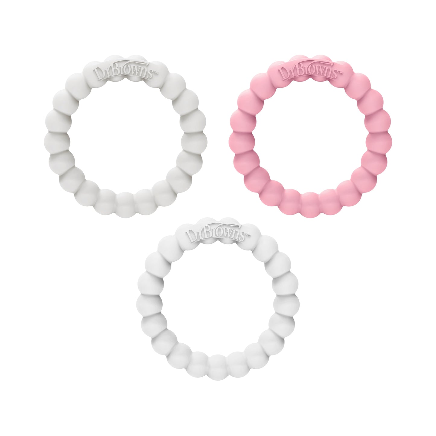 Flexees Beaded Teether Rings, 100% Silicone, Gray/Pink/White, BPA Free, 3M+, 3 Pack