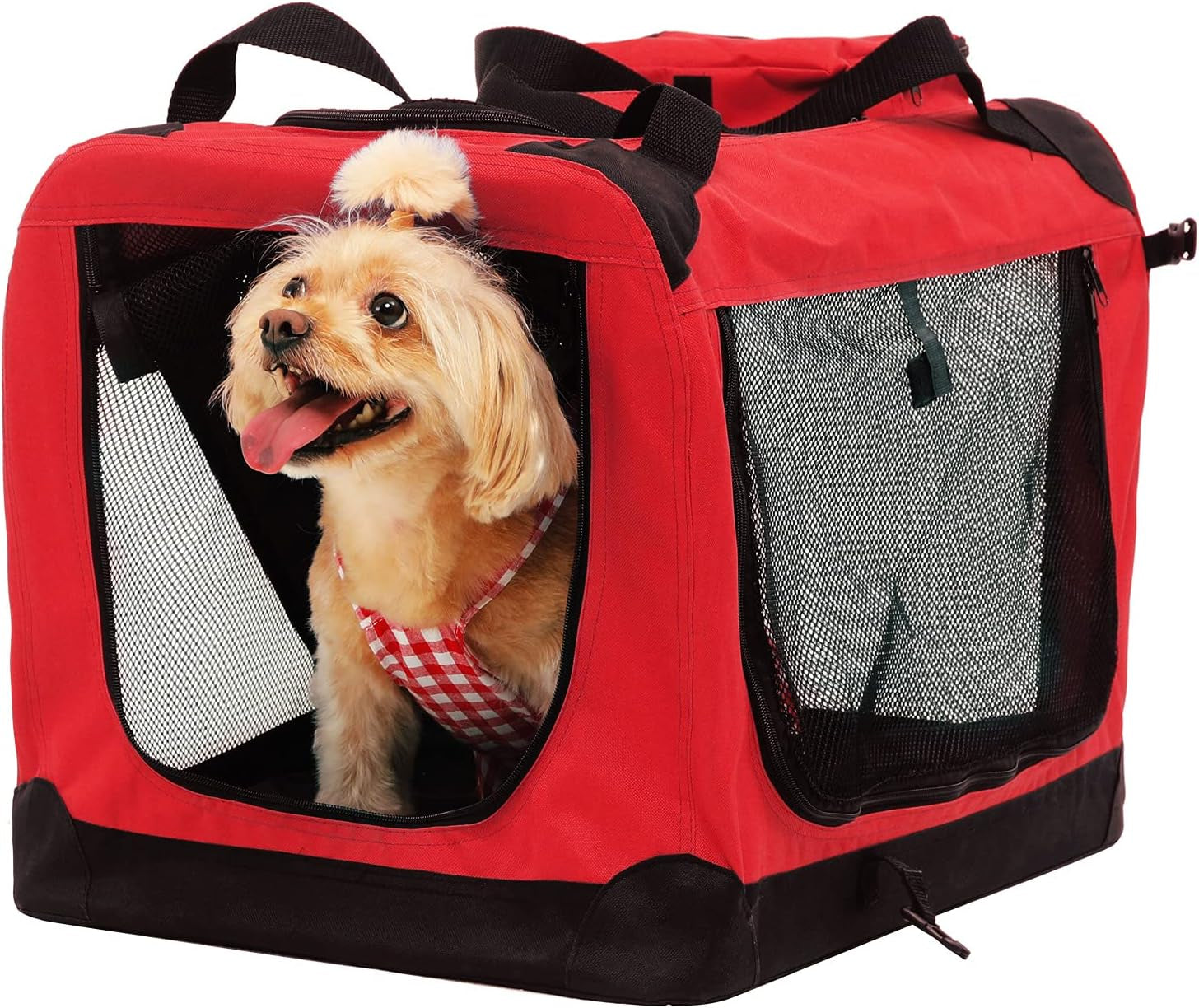 Small Portable Pet Carrier, Portable Soft Sided Dog Crate with Durable Mesh Windows, Dog Cage for Small Dogs Indoor and Outdoor, Foldable Dog Kennels for Puppy, Red S