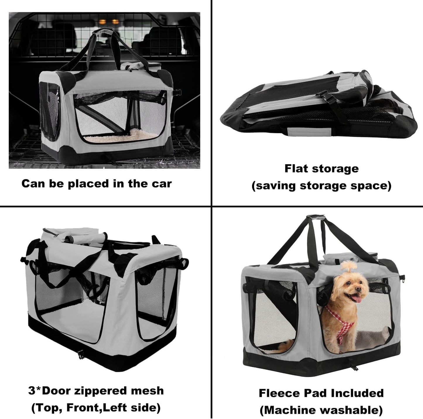 Foldable Dog Cage for Large Dogs, 3 Door Folding Dog Kennel, Durable Pet Carrier with Strong Steel Frame, Foldable Soft Sided Crate for Indoor & Outdoor Dogs, Grey L