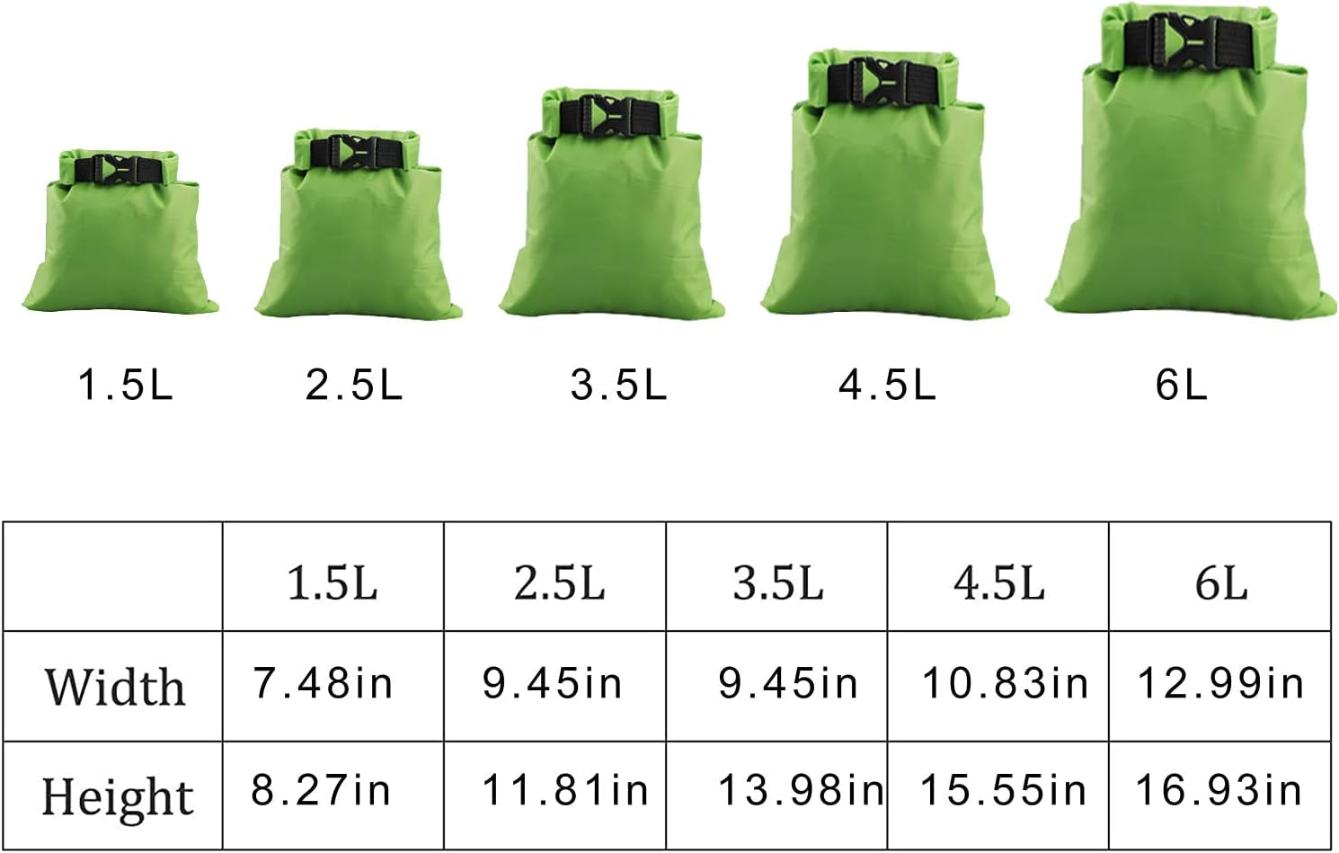 5 Pack Dry Sacks Set, Waterproof Dry Bags Lightweight Ultimate Dry Sacks for Outdoor Kayaking Camping Rafting Boating, Green (6L+4.5L+3.5L+2.5L+1.5L)