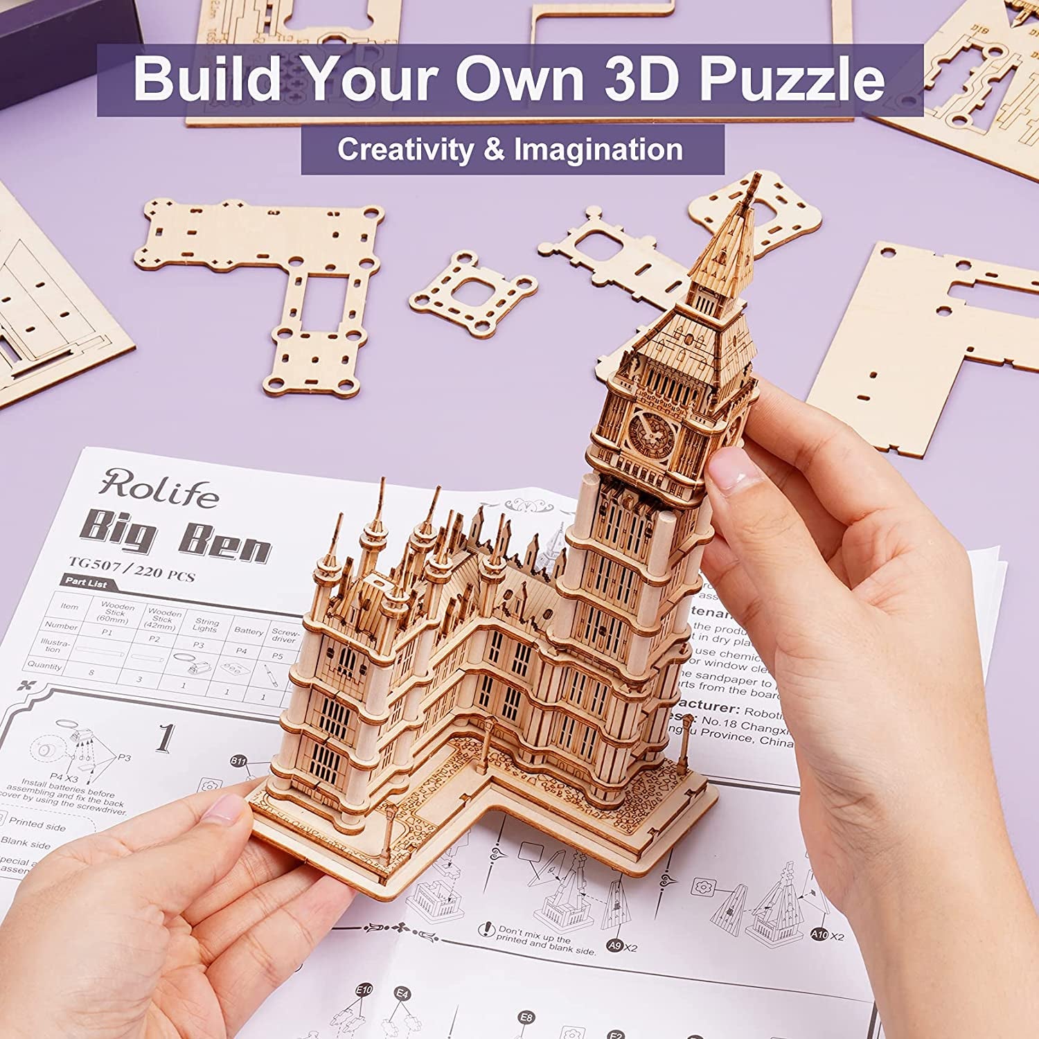 3D Wooden Puzzles for Adults Kids Big Ben -220 Pieces 3D Puzzle Wood London Architecture Model Craft Kits Birthday Gift for Teens/Adults Desk Decor