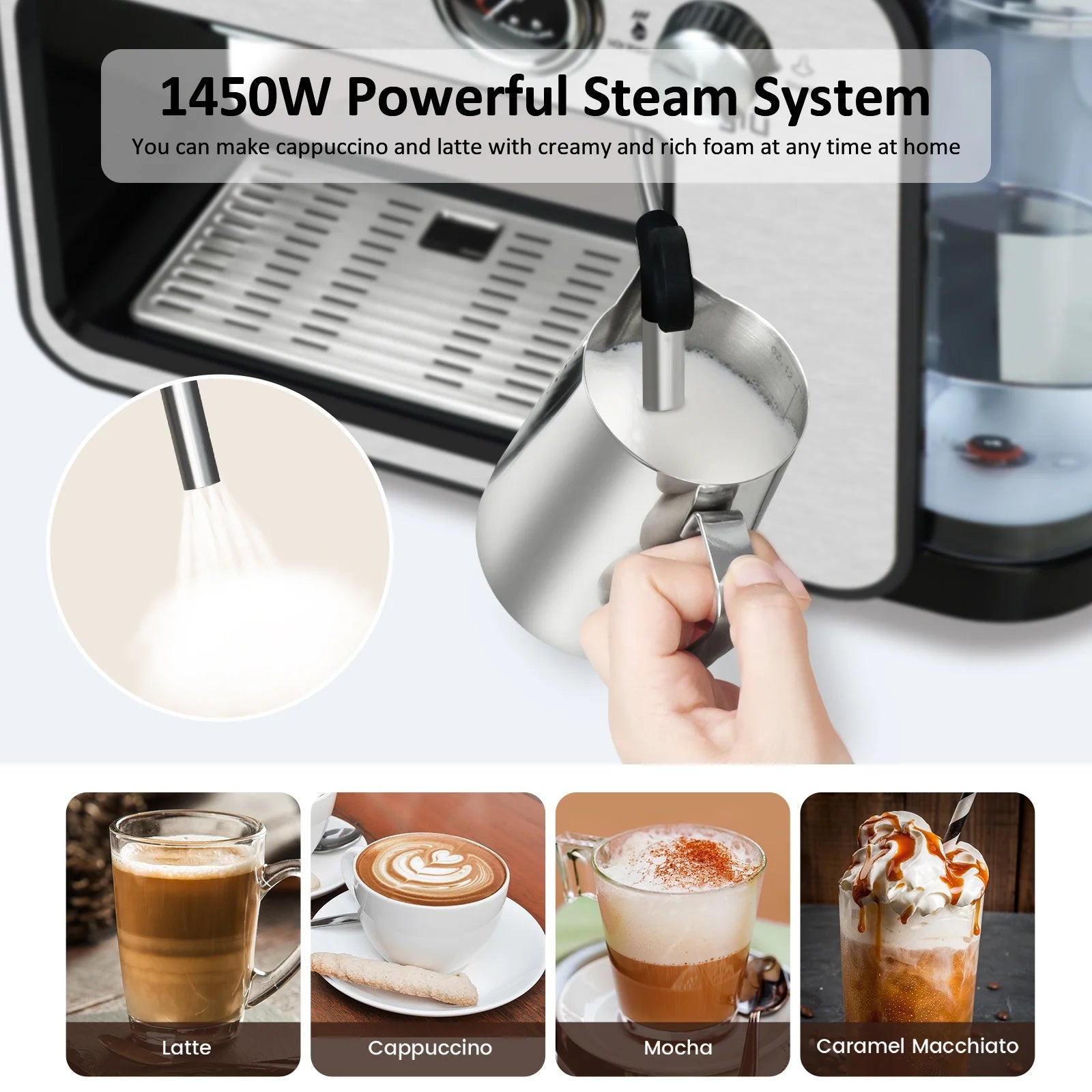 Espresso Machine 20 Bar with Milk Frother, Semi-Automatic Latte & Cappuccino Coffee Maker Duo-Cup 33Oz/1L Removable Water Tank for Home/Office, 1450W, Stainless Steel