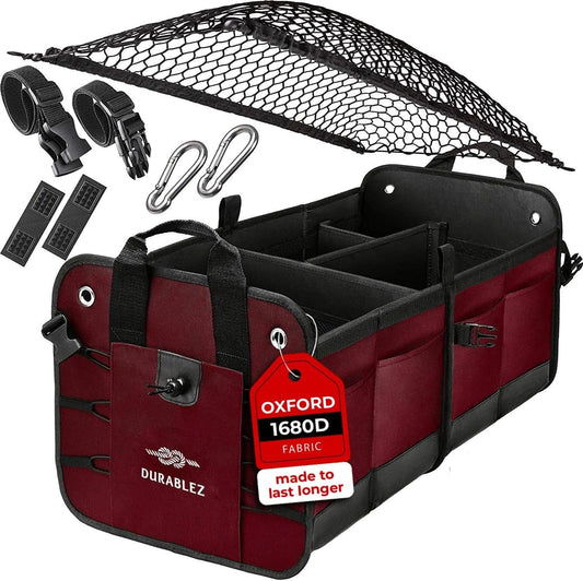 Car Trunk Organizer - Collapsible, Foldable - with Covering Net, Removable Dividers, Attachable Non-Slip Pads, Mounting Straps, and Stainless Hooks - for SUV, Truck, Sedan, Minivan, and Van - Cherry