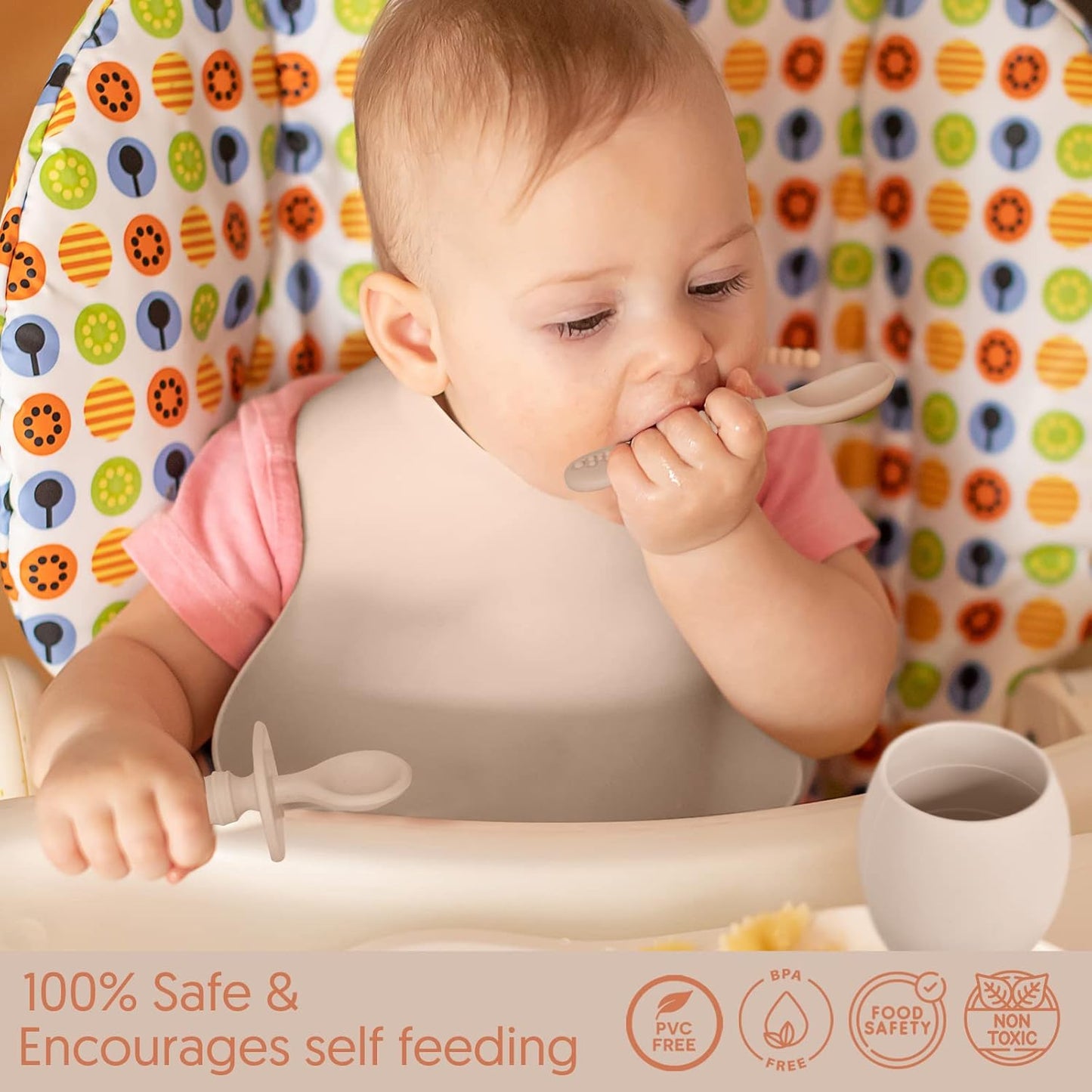 Baby Silicone Feeding Set - Baby Led Weaning Utensils, Silicone Bibs, Infant Feeding Cups for Boys, Girls, & Toddlers Smooth Waterproof Material for Practical Eating, Set of 8