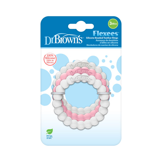 Flexees Beaded Teether Rings, 100% Silicone, Gray/Pink/White, BPA Free, 3M+, 3 Pack