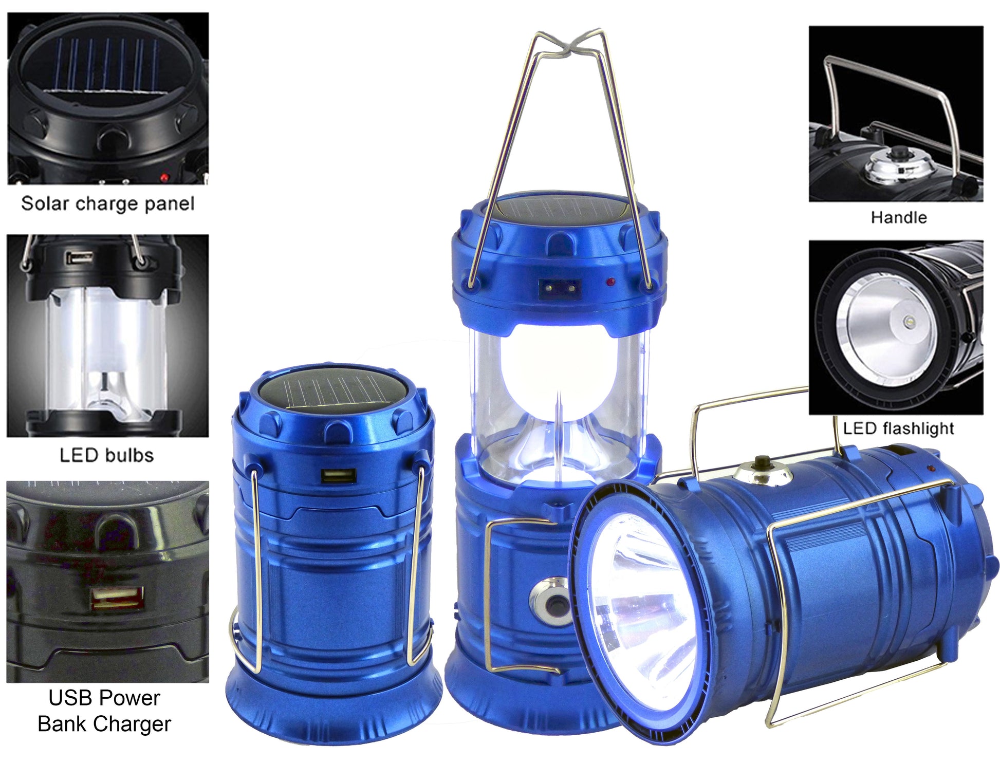 Solar Collapsible LED Lantern 3-In-1 Rechargeable, Flashlight & USB Power Bank - Portable, Bright, Eco-Friendly - Camping, Outdoor Activities, Emergencies (Blue)