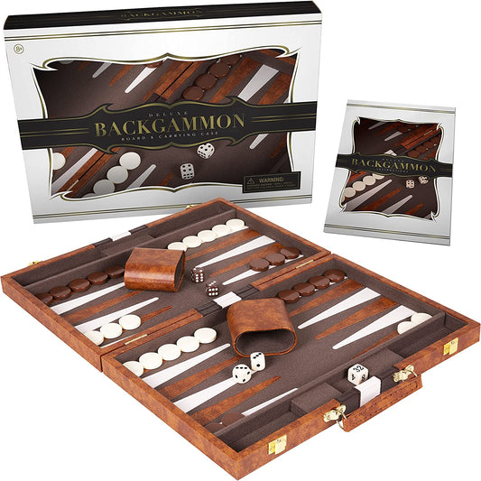 Backgammon Set 15 Inch, Medium - Classic Board Game for Adults and Kids with Premium Leather Case - Includes Strategy & Tip Guide (Brown)