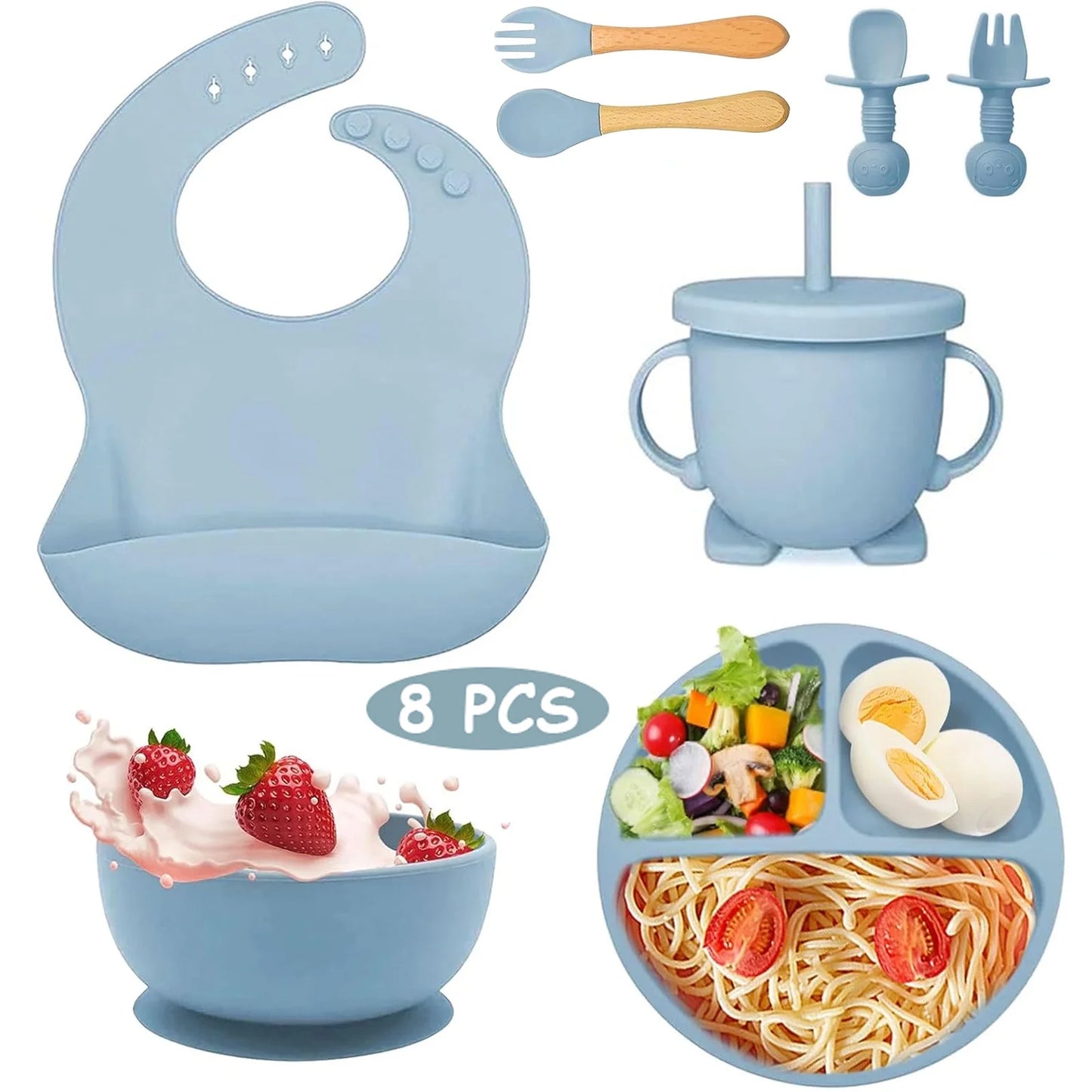 Silicone Baby Feeding Set, 8 PCS Baby Led Weaning Supplies with Baby Spoon and Fork, Sippy Cup with Straw, Adjustable Bib Baby Feeding Supplies Set, Blue