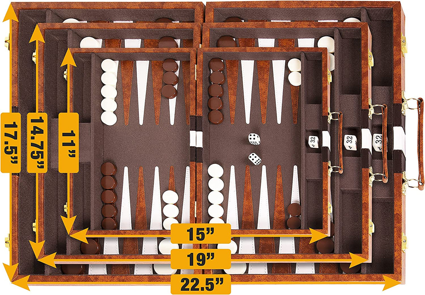 Backgammon Set 15 Inch, Medium - Classic Board Game for Adults and Kids with Premium Leather Case - Includes Strategy & Tip Guide (Brown)