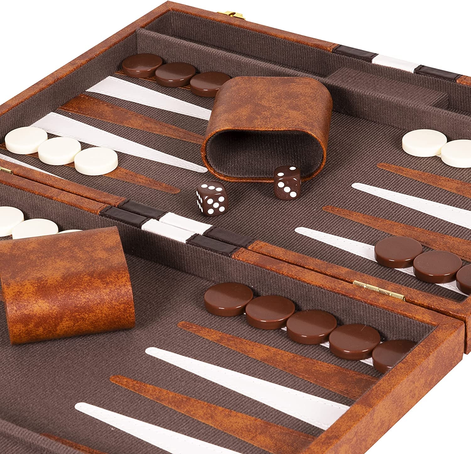 Backgammon Set 15 Inch, Medium - Classic Board Game for Adults and Kids with Premium Leather Case - Includes Strategy & Tip Guide (Brown)