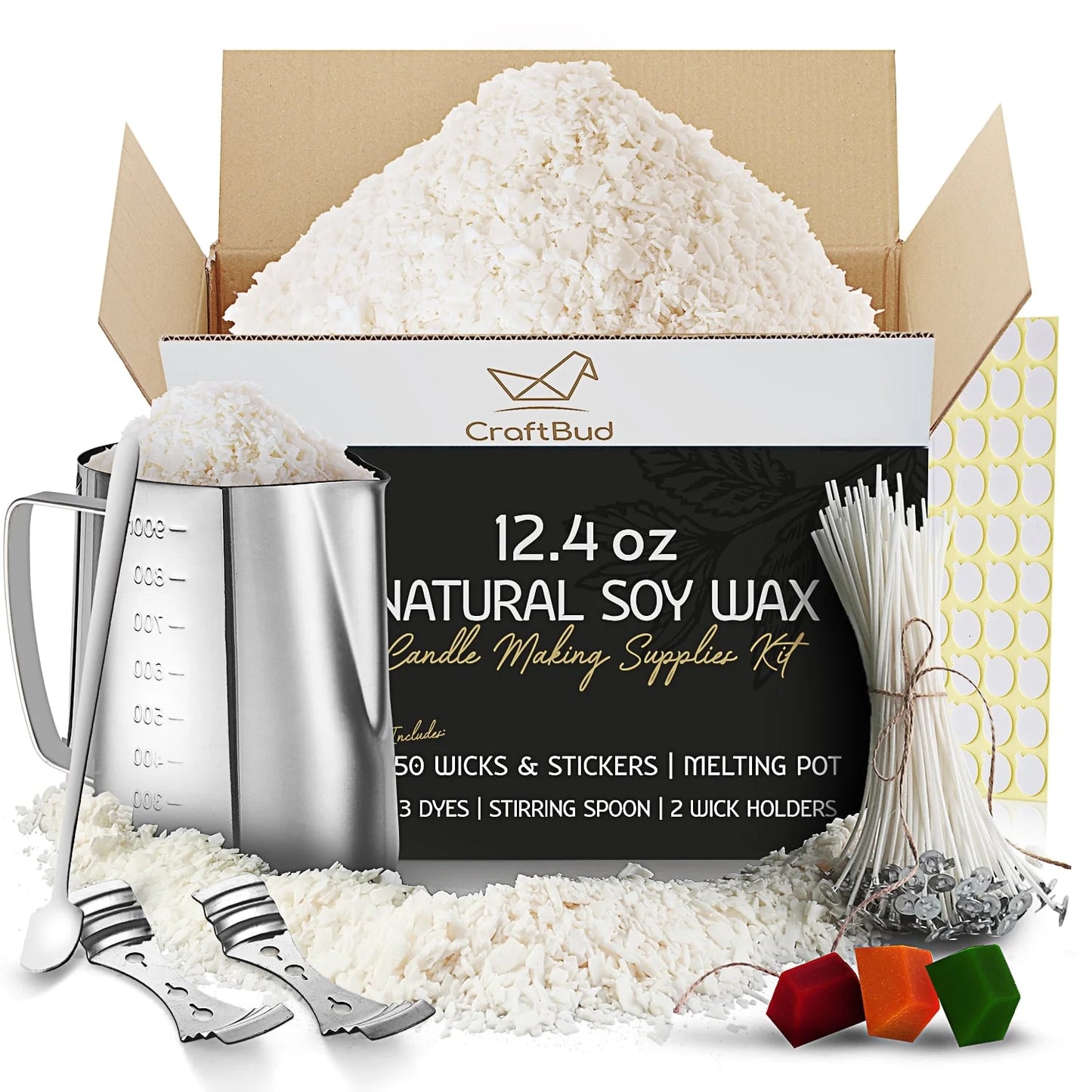 Candle Making Kit - Candle Wax for Candle Making, 12.4Oz Natural Soy Wax, 900Ml Stainless Steel Pot, Cotton Wicks, Wick Stickers, Dye Blocks, Mixing Spoon, and Metal Centering Tool