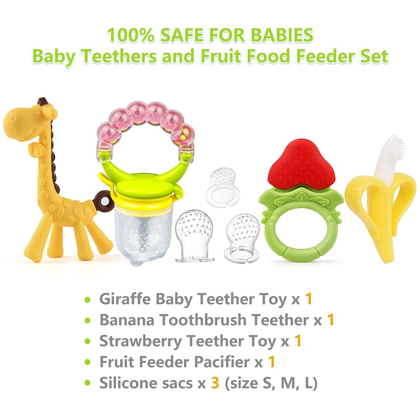 Baby Teething Toys & Baby Food Feeders Set - 3Pcs BPA Free Teethers Toys for Babies 3-6 Months 6-12 Months Freezer Teether Toys, 1Pcs Fruit Feeder Pacifier 3 Sizes Silicone Sacs Baby Gifts