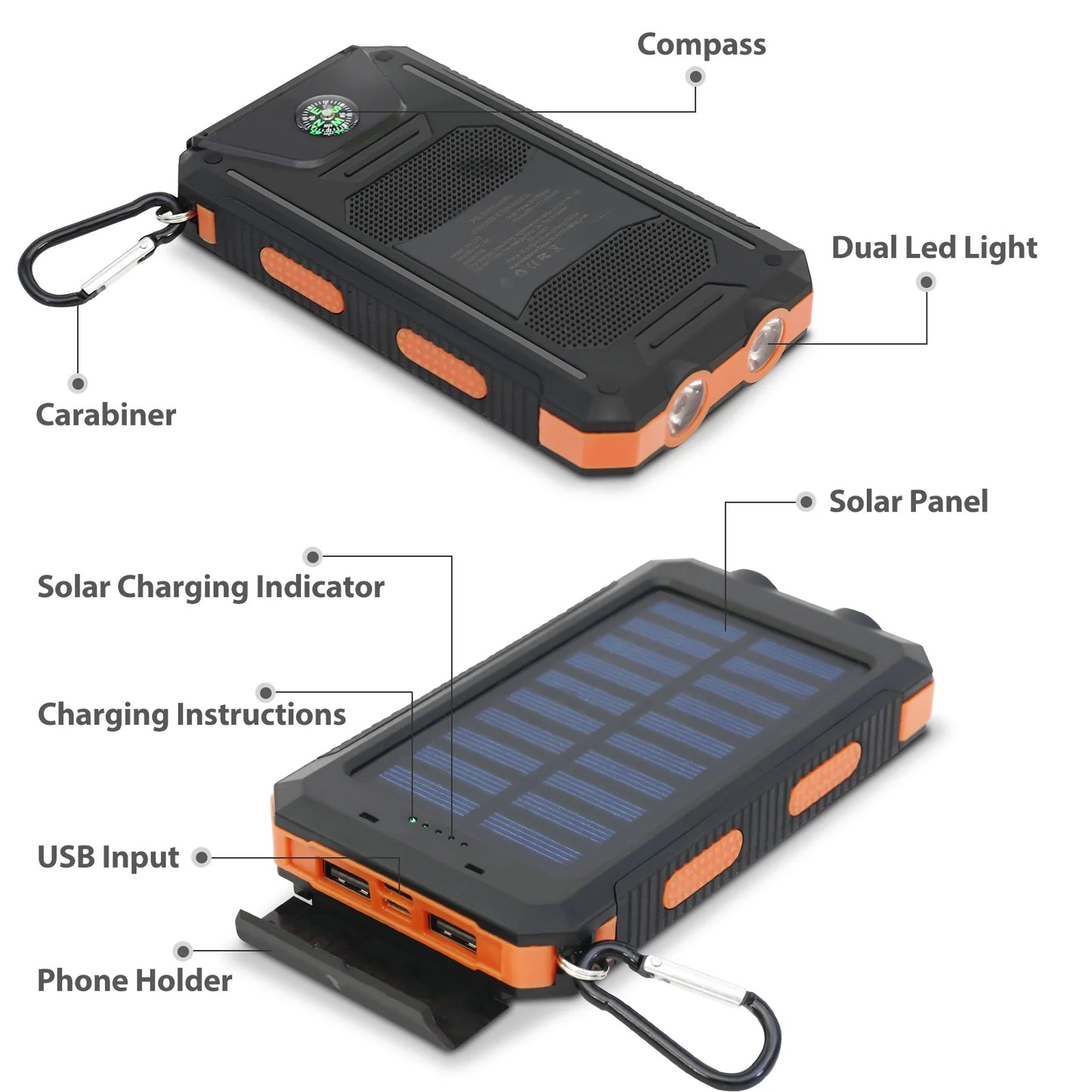 Baokaler Solar Power Bank, Portable Charger, 20000Mah Solar Charger with LED Flashlight, IP65 Waterproof External Backup Battery Pack Perfect for Camping, Outdoor Activities