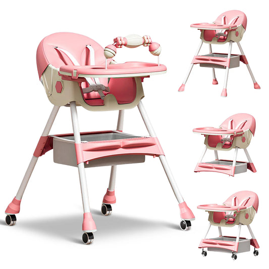 4-In-1 Baby High Chair, Portable Dining Chairs Eat & Play with Double-Layer Dinner Plate and Toy Rack, for 0-36 Months, Pink