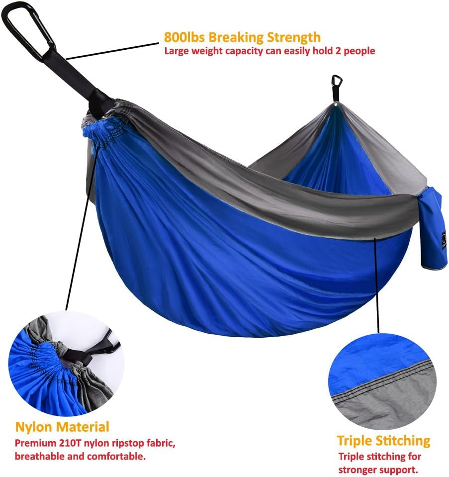 Camping Hammock - Portable Hammock Single Hammock Camping Accessories Gear for Outdoor Indoor Adult Kids, USA Based Brand (Blue & Grey)