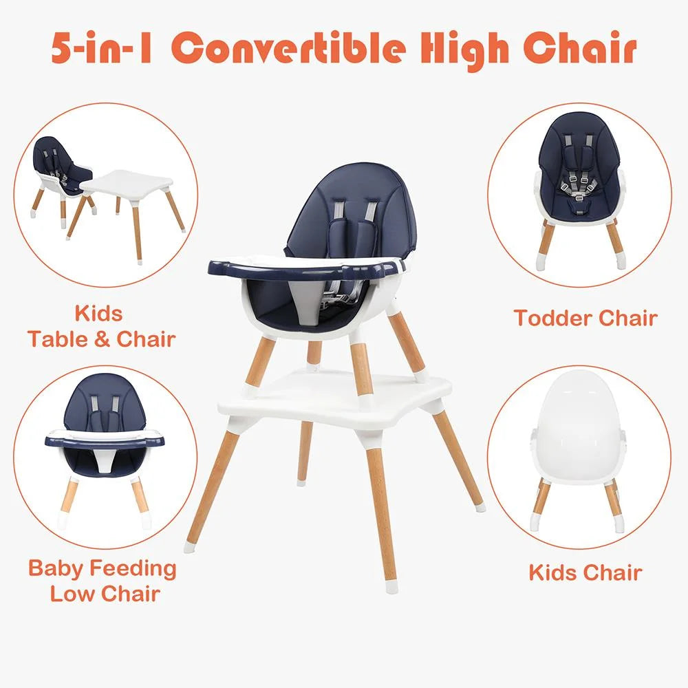 5-In-1 Baby High Chair Infant Wooden Convertible Chair W/5-Point Seat Belt, Blue