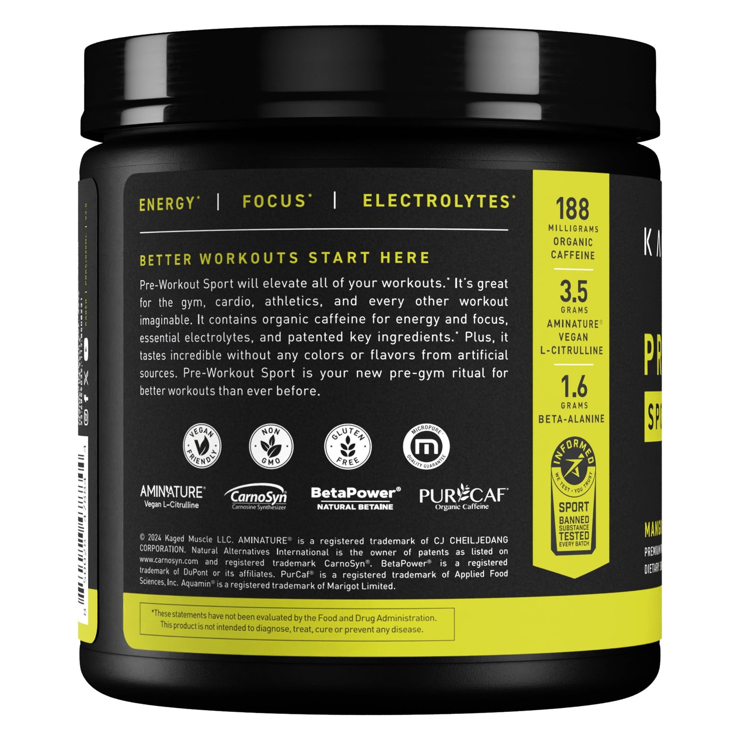 Kaged Pre-Kaged Sport Pre-Workout for Men and Women, Increase Energy, Focus, Hydration, and Endurance, Organic Caffeine, Plant Based Citrulline